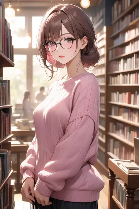 ( BREATHTAKING ADULT BEAUTY,Intelligent and graceful ,Shiny pink sweater, brown hair,( top quality, Masterpiece:1.2), full length shot,  perfect figure , wearing glasses in a quaint secondhand bookstore ,  Ultra Clear , delicate facial features, super deta...