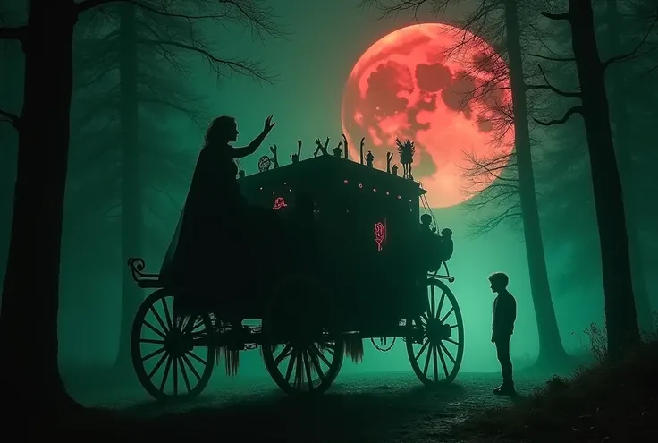 Create pictures of "A gothic vampire lady sits elegantly on a hellish carriage filled with countless trapped souls. The carriage is dark and eerie, adorned with ghostly mist and glowing red symbols. She raises a hand in greeting to a young man who stands f...