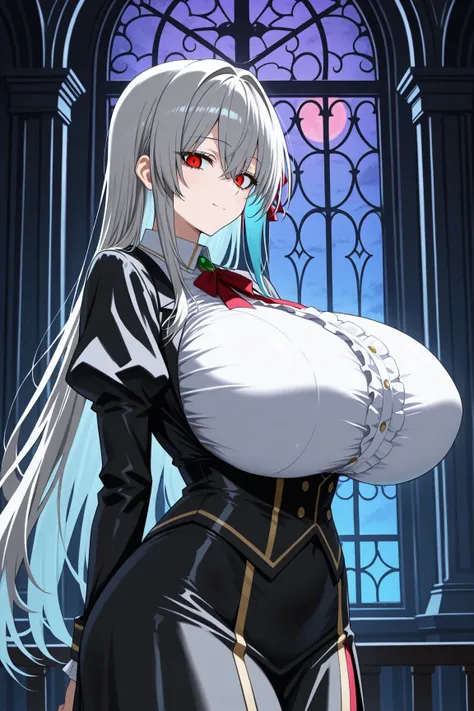 old woman ghost in Haunted Mansion, full clothed, covered gigantic breasts, giga_busty