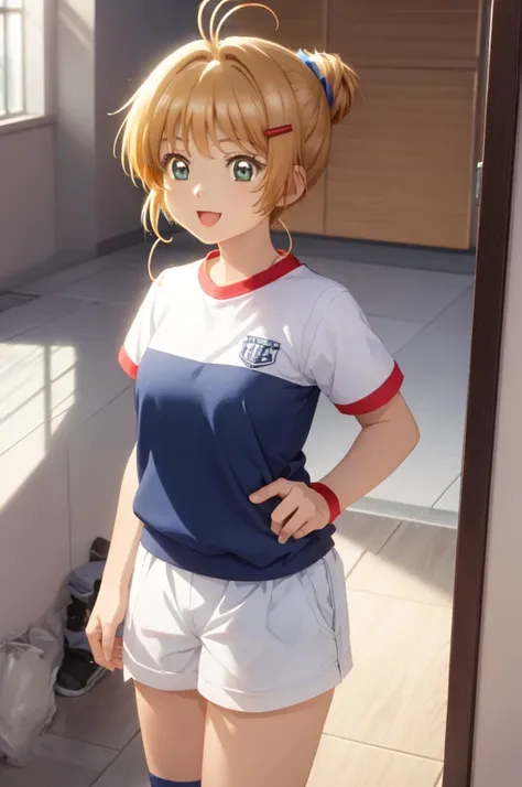 A beautiful girl in a gym uniform getting ready to do exercises, anime girl, 1girl, (20 years old girl), (aged up), Kinomoto Sakura, schoolyard, a light skinned girl, ponytail, hairclip, hair ribbon, earrings, open mouth, smile, blush, glossy lips, big bre...