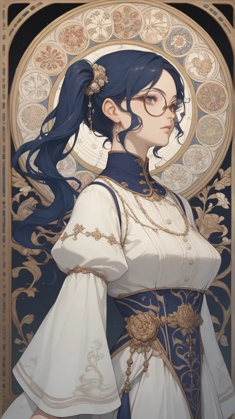 The image features a stylized graphic full body of a woman. The anime art style, characterized by exaggerated facial features and a cartoon-like depiction. The woman has dark blue hair styled into a side ponytail. She wears glasses, which are a common acce...