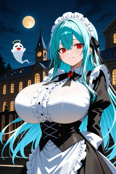 milf ghost in Haunted Mansion, full clothed, covered gigantic breasts, giga_busty