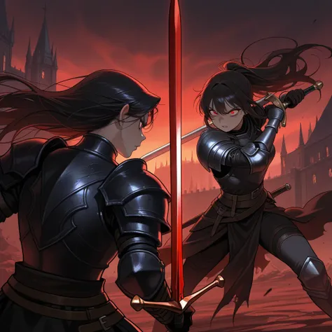 노란색 눈,검은색머리,{{긴머리}},큰 가슴,female warrior,female warrior, heroine, sword, blade, weapon,threatening pose, held at sword point, dark lord, demon king,tense atmosphere, standoff,dark castle, ominous setting, fantasy landscape,determined expression, intense gaz...