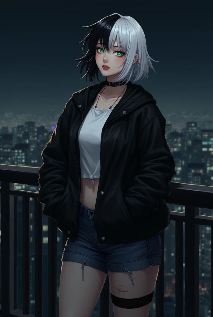 mature female, 25s, closed mouth, black hair, split-color hair, medium hair, neck length hair, tomboy, green eyes, jacket, white shirt, black jacket, thigh bands, short jeans, scar on cheek, thigh gap, slim legs, slender built, oversized jacket, city, cybe...