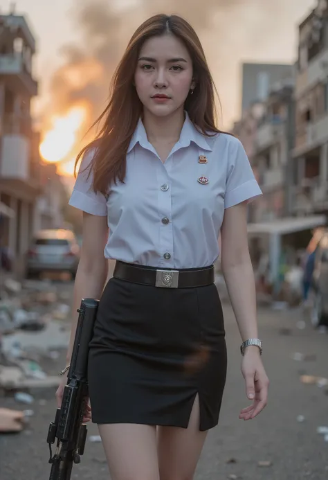 beautiful actress, 1girl, white shirt, mini black skirt, a-shape, nisit uniform, holding riffle, walking, destroyed city, fire, full body portrait, movie footage style, best quality, 8k, highres, masterpiece:1.2, ultra-detailed, realistic, photorealistic:1...