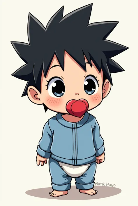 Fait un enfant dans le style manga en hight résolution,  who has the same hairdo as Naruto but in black, Who is dressed in blue pajamas , Who wears a diaper and has a red pacifier who is 7