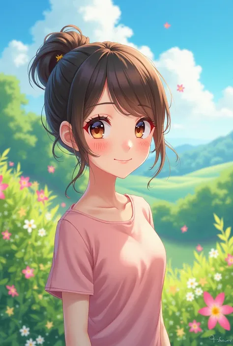 A cute woman smiling in anime style and the surrounding landscape