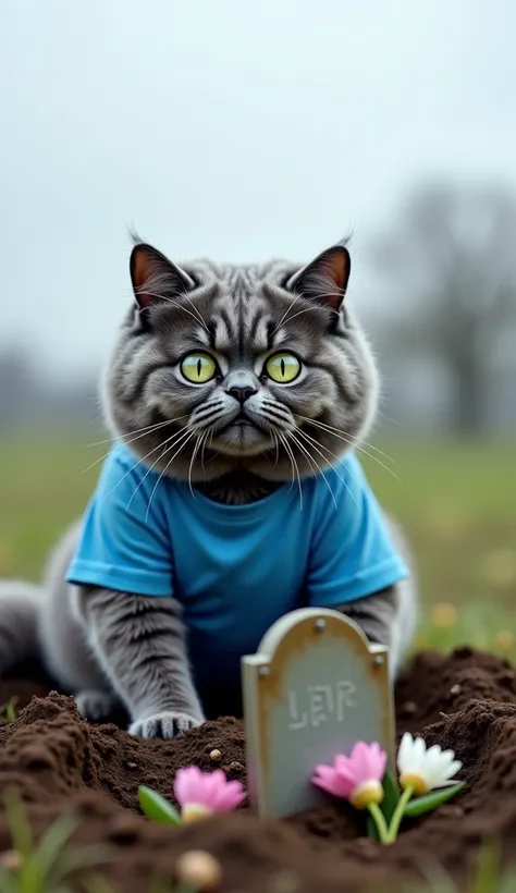 The fluffy gray cat wearing a blue t-shirt sits on the ground near a freshly dug grave, crying with large, sorrowful tears falling from its bright green eyes. Its ears droop, and its tail lies still, showing deep sadness. The gravestone in front of it is s...