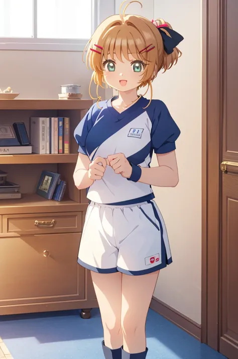 A beautiful girl in a gym uniform getting ready to do exercises, anime girl, 1girl, (20 years old girl), (aged up), Kinomoto Sakura, schoolyard, a light skinned girl, ponytail, hairclip, hair ribbon, earrings, open mouth, smile, blush, glossy lips, big bre...