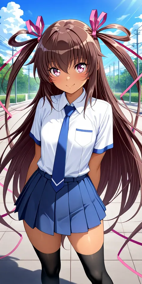  Mizuki Yukikaze,   Yukikaze Mizuki,   pink eye,    dark-skinned woman,   hour々、 very long hairs may be seen popping out of the bow one by one,   hair, two side    up the side  ,   hair bow,    pink ribbon ,  white shirt with collar,  white short sleeve sh...