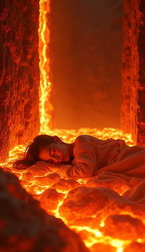 molten lava bedroom, highly detailed, one girl sleeping in lava, lava texture, glowing lava wall, flowing lava on the floor, bright orange and red hues, dramatic lighting, cinematic, photorealistic, masterpiece, highest quality, 8k, ultra high resolution 