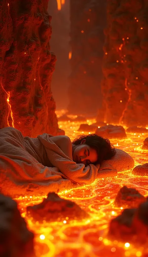 molten lava bedroom, highly detailed, one girl sleeping in lava, lava texture, glowing lava wall, flowing lava on the floor, bright orange and red hues, dramatic lighting, cinematic, photorealistic, masterpiece, highest quality, 8k, ultra high resolution 