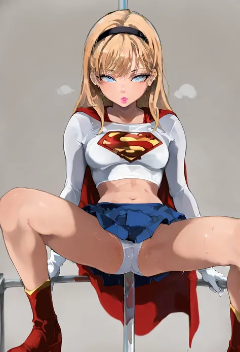 mamimi, Supergirl, DC Comics, blonde hair, light blue eyes, long hair, hairband, white shirt, crop top, blue skirt, white gloves, red boots, cape, standing, hands on the pole, pink lipstick, seductive gaze, pursed lips, high closeup, jav cover, voluptuous,...