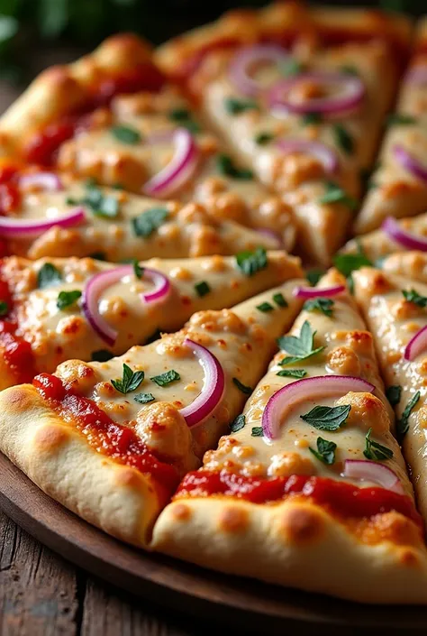  Image of a chicken pizza with catupiry ,  with a golden and crisp dough base .  The pizza is covered with a layer of juicy shredded chicken ,  followed by juicy pieces of shredded chicken , lightly seasoned ,  spread all over the pizza .  The catupiry is ...