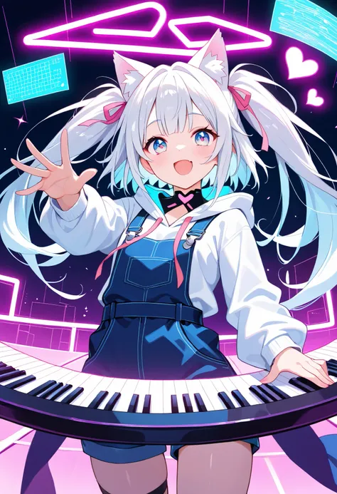 Alone, Long silvery-white hair and 、 The background is colored with futuristic cyberpunk-style neon lights 、 Highly detailed anime-style illustration 。 and 、 The piano keyboard reflects neon light and 。The expression is drawn from a calm yet concentrated 。...