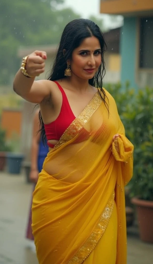 Beatiful woman in early 30s wearing a sexy golden saree, bikini blouse, low waist saree, dancing in rain with pallu in hand baring her entire stomach, thin slim woman, hourglass figure, close up full body shot