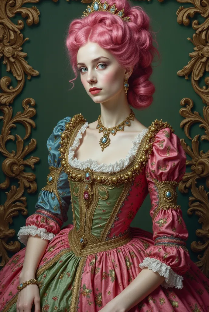  A Rococo inspired work of art by Esao Andrews and Harriet Backer  , frau in fuchsia, violet, Green, pink rococo dress with pink wig,  with elaborate ornaments  ,coloreden, fuchsia, violet, pink, rot, Green , blue different colors,  asymmetry , and gracefu...