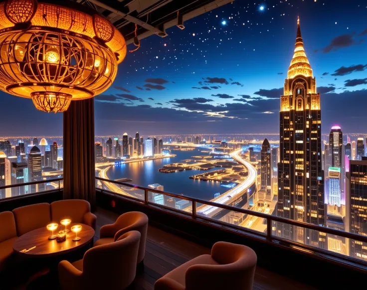 A cinematic amigurumi-style sky lounge atop a luxurious Jeju high-rise hotel, offering a panoramic view of the glowing, hand-stitched city lights below. The night sky is a vast, quilted tapestry, embroidered with shimmering stars and glowing fabric constel...