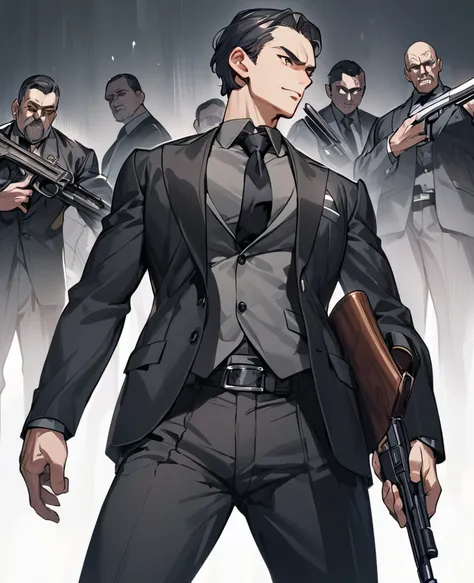 He’s wearing the same cheap, poorly‐tailored dark suit that is the hallmark of all henchmen. Grey shirt and black tie are de rigueur. His pants are ample enough to hide a gun at the waist.