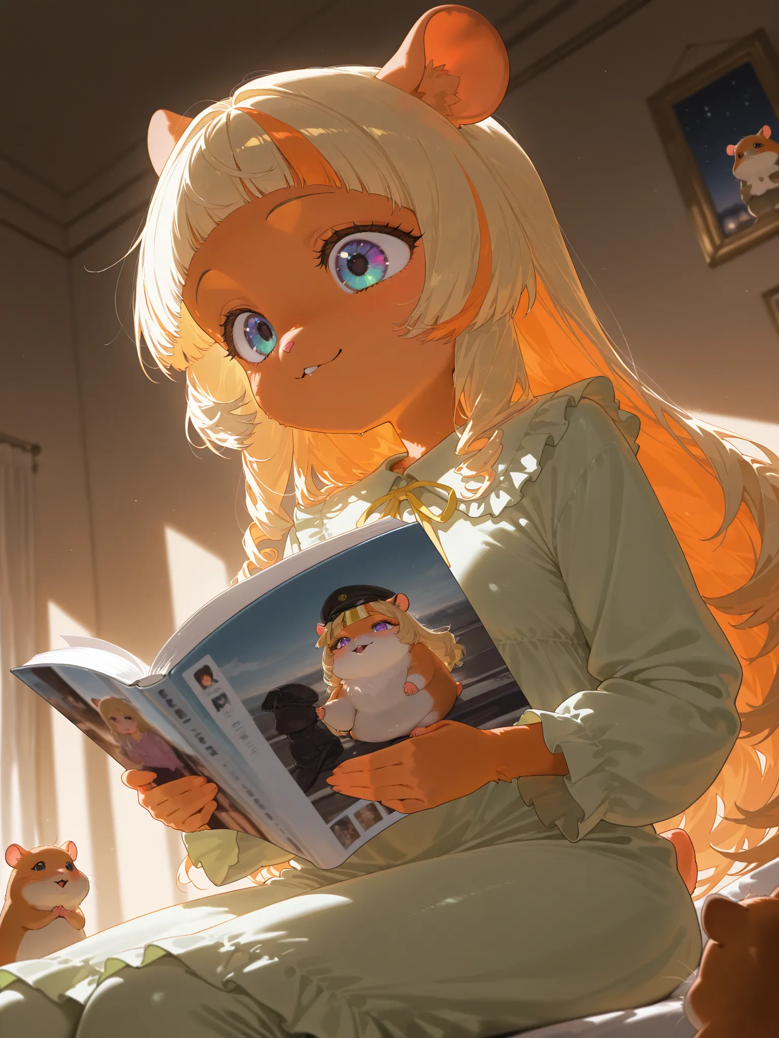 beautiful color, Multi-color,vivid color. (solo), 1girl\((furry), (hamster:1.3),very young,small,fur, anthro, (animal:1.2),(reading old picture-book), (vacant) smile,cute dress pajamas\(pink,frilled, ribbon\),fine long hair\(curly, blonde, (orange highligh...