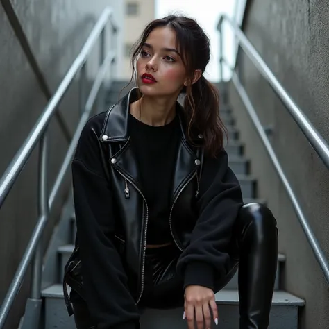 Mix between Selena Gomez and Jenna Ortega, masterpiece, ultra-realistic 8K. Éliana Morel, avec ses cheveux bruns attachés en une queue de cheval basse, se tient sur un escalier métallique moderne, incarnant une allure à la fois sexy et badass. Quelques mèc...