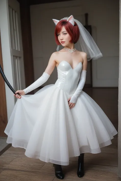   young girl ,  slim ,  red hair top, straight short hair,  small breasts, Breasts free to see,, Cat ears,  masterpiece ,  Anatomically correct , UHD,  super detailed, further away,  wedding dress ,  latex black knee boots ,  latex black arm warmers long ,...