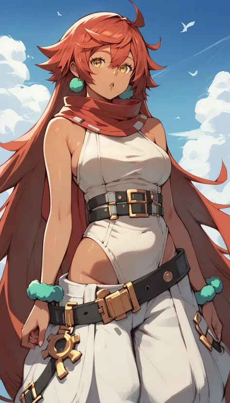 (masterpiece, high-quality), 1girl, solo, yellow eyes, short red hair, brown skin, tan, ends of hair flares out, plump body, long hair between eyes, leotard, baggy pants, Guilty Gear style giant wristlets, giant belt, red scarf, pom-pom earrings