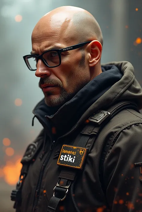 I want  Bald with prescription glasses warrior profile pictures for last war game i want name tag : "stiki" and alliance name logo : "L N C K" visible on it