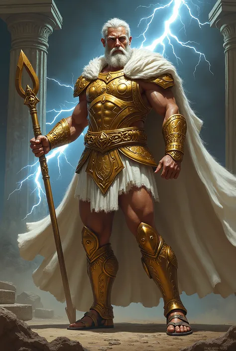 Zeus holds a lightning bolt, skinny, golden armor, sandal, mythology, receding hairlines