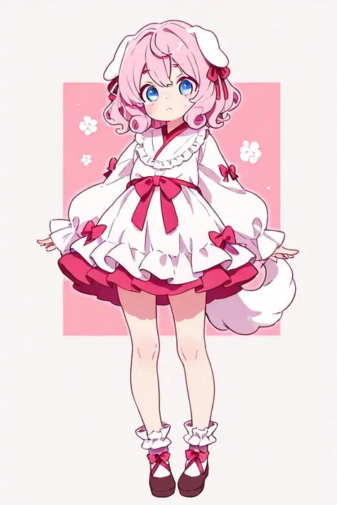 Twin-tail hair that curls vertically　droopy white ears dog ears 　Only one　 standing picture、Symmetrical　Droopy ears犬耳　  Full Body Lesbian 、​masterpiece、 top quality、length、 best image quality、 cute little、Pink Hair、 head ribbon、Ribbon clothing、frilld、Year、...