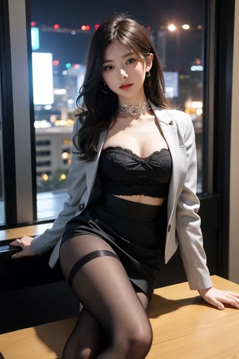 in the office，A beautiful young lady，wear professional clothing ，grey jacket， Bandeau lace underwear ， Skirt with covered opening 。Bigger and wider hips， waist， The rounder of the upper body ，，super fit。dressed in jewels，collar， pending，[mira，High heel， bl...