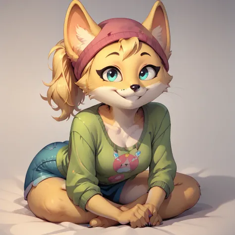 score_9, score_8_up, score_7_up, score_6_up, score_5_up, score_4_up, kit casey, fox, anthro, female, furry, solo, looking at viewer, short sweater-dress, hipster, beanie hat, smile, voluptuous, sexy body, thick thighs, seductive, bare feet, hair up, butt i...