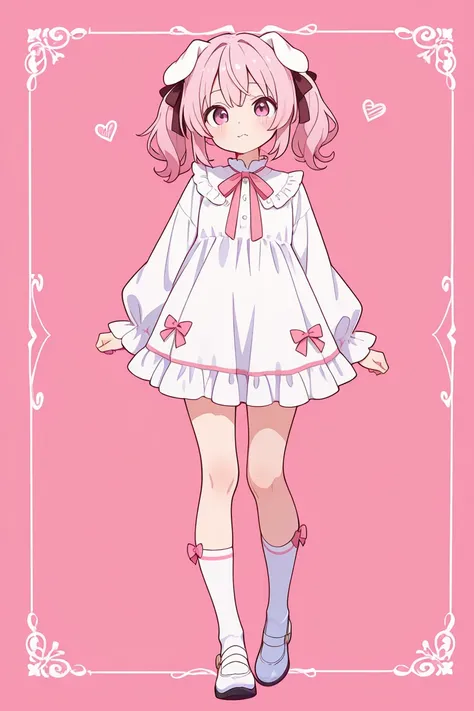  twin tails on legs　縦巻きどりる twin tails on legsの髪　droopy white ears dog ears 　Only one　 standing picture、Symmetrical　Droopy ears犬耳　  Full Body Lesbian 、​masterpiece、 top quality、length、 best image quality、 cute little、Pink Hair、 head ribbon、Ribbon clothing、f...