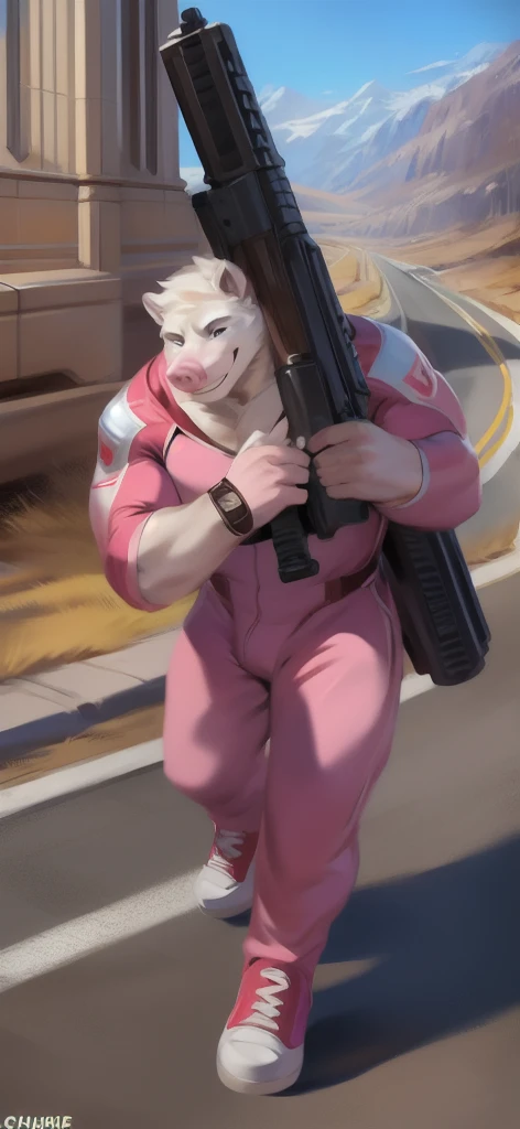  alone, male Tall​,huge​ body​, stand,Carrying a long gun as a weapon, road, polar pig ,  pink military spacesuit,  heavy overload,  muscle bundle, smirking happy ,by chunie ​