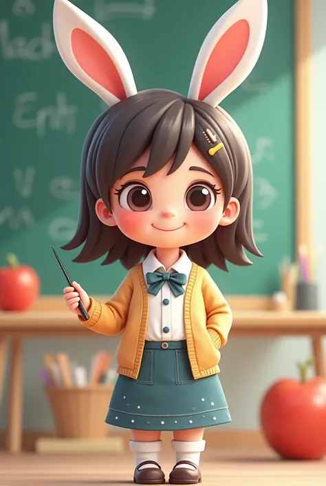 Happy cartoon cute woman bunny dressed as a teacher 