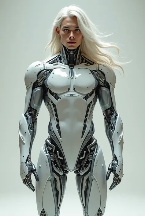 Man half human, half robot, long hair, white, cool, handsome, young, human.