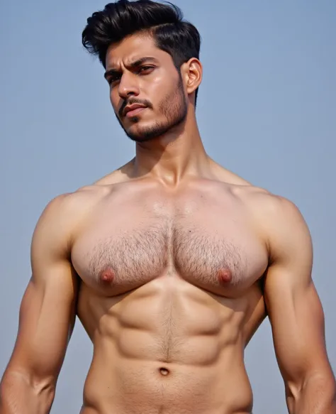 20-year-old man with beard, hairy chest, Hairy shoulders, Sparse hair on the chest, hair,  strong masculine features ,  very attractive man with a beard , Handsome and bearded man, Partially hairy male torso, beard, colmo,  masculine features , Curly beard...