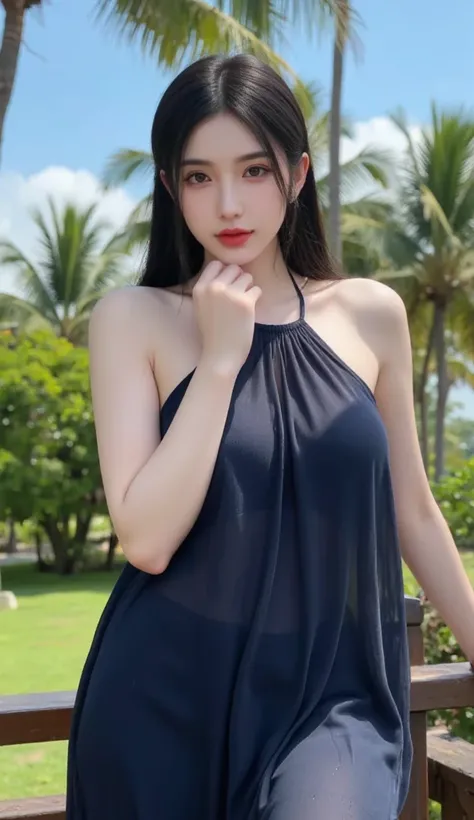 jqzx,jqzx,JQZX, this is a high-resolution photograph of a young woman with an ethereal, serene beauty. she is standing outdoors in a lush, tropical setting, with a clear blue sky and tall palm trees in the background. she has long, flowing black hair casca...