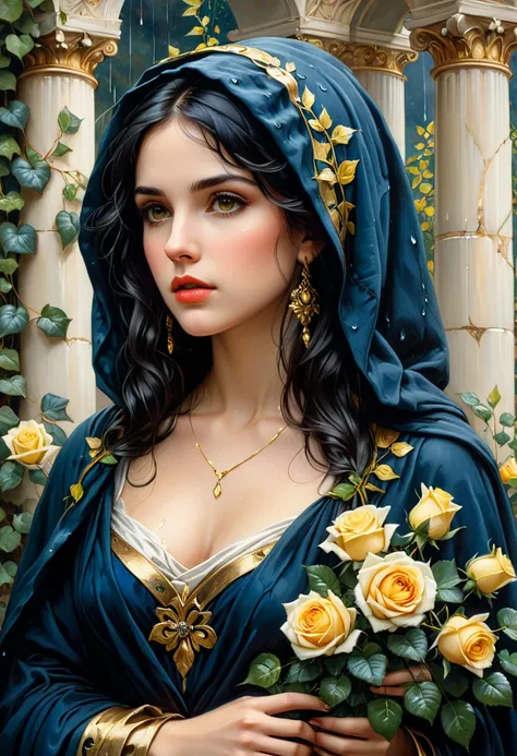 Detailed oil picture of a beautiful European woman, with a perfect face, makeup, black hair and intense eyes, deep blue cloak and a dark scarf. It holds a large bouquet of yellow, white and red roses, with leaves and small flowering, intertwined around its...