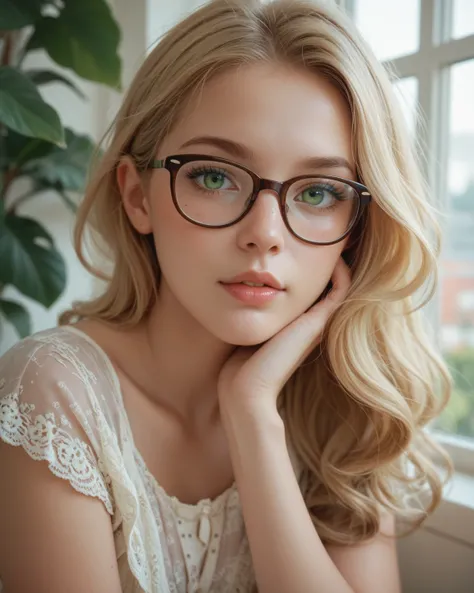 Young woman, pale skin, blonde hair, hazel-green eyes, wearing glasses