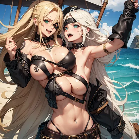  female pirate ship captain 、Naked black leather hotpants 、 naked tattoo on her upper body 、 with cutlass on her waist、 eyepatch with a skull design 、 blonde wavy hair、Tanned body 、 green eyes、 big breasts、 sweaty body 、 is laughing