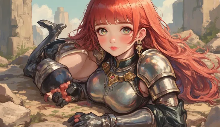 1girl, red_hair, armor, solo, long_hair, green_eyes, breasts, looking_at_viewer, lying, gauntlets, large_breasts, cleavage, bangs, ruins, shoulder_armor, breastplate, armored_boots, outdoors, boobplate, bodysuit,morimee_style,fantasy armor,shiny