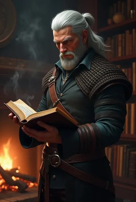 Give me a 4x4 image of Gerald from The Witcher 3 reading a book standing