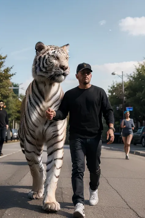 A man dressed in black casual and a very giant white tiger walk together