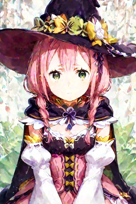 Miss Satine with curly pink pigtails and innocent green eyes,Dressed like a noble princess,With sad eyes,(Clothes similar to that of the Witch of Re-Zero.) 