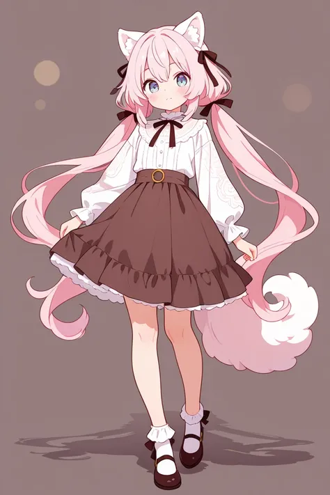  long twin tails　 twin-tail hair in a circle　droopy white ears dog ears 　Only one　 standing picture、Symmetrical　Droopy ears犬耳　  Full Body Lesbian 、​masterpiece、 top quality、length、 best image quality、 cute little、 plain background　Of light pink hair、 head ...