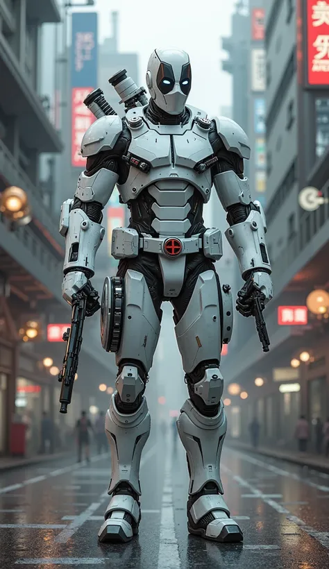 AI-generated futuristic Deadpool, advanced mechanical design, Tokyo-inspired cyberpunk streets, neon signage, cinematic depth of field, dark and gritty atmosphere, ultra-realistic rendering. White color, white robot