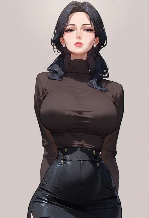 Best quality, Anatomically correct, milf, mature woman, mom, Long straight black hair, big breasts, small waist, black turtleneck shirt, black short skirt, expressionless face.