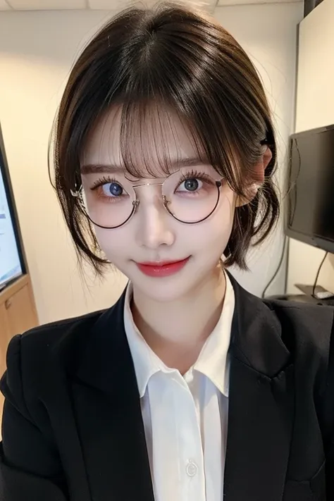 (( top quality、8k、​masterpiece:1.3))、 1 girl、 slim beauty similar to Agnes Lamb:1.3、(Short Hair)、  business jacket、 s office 、 super detailed face、Delicat eyes、Double eyelids、smile　Glasses