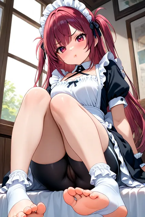  a girl ，Maid，Sitting， frill socks ，View from below，Soles，Awkward， bike shorts ，Pout your lips ，Wear toeless ， with a cross strap， masterpiece， best quality，Uncensored 